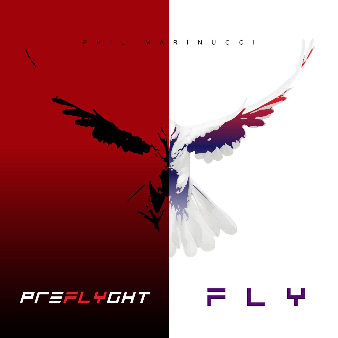 PreFLYght / FLY artwork featuring a spread-wing bird over red and white panels
